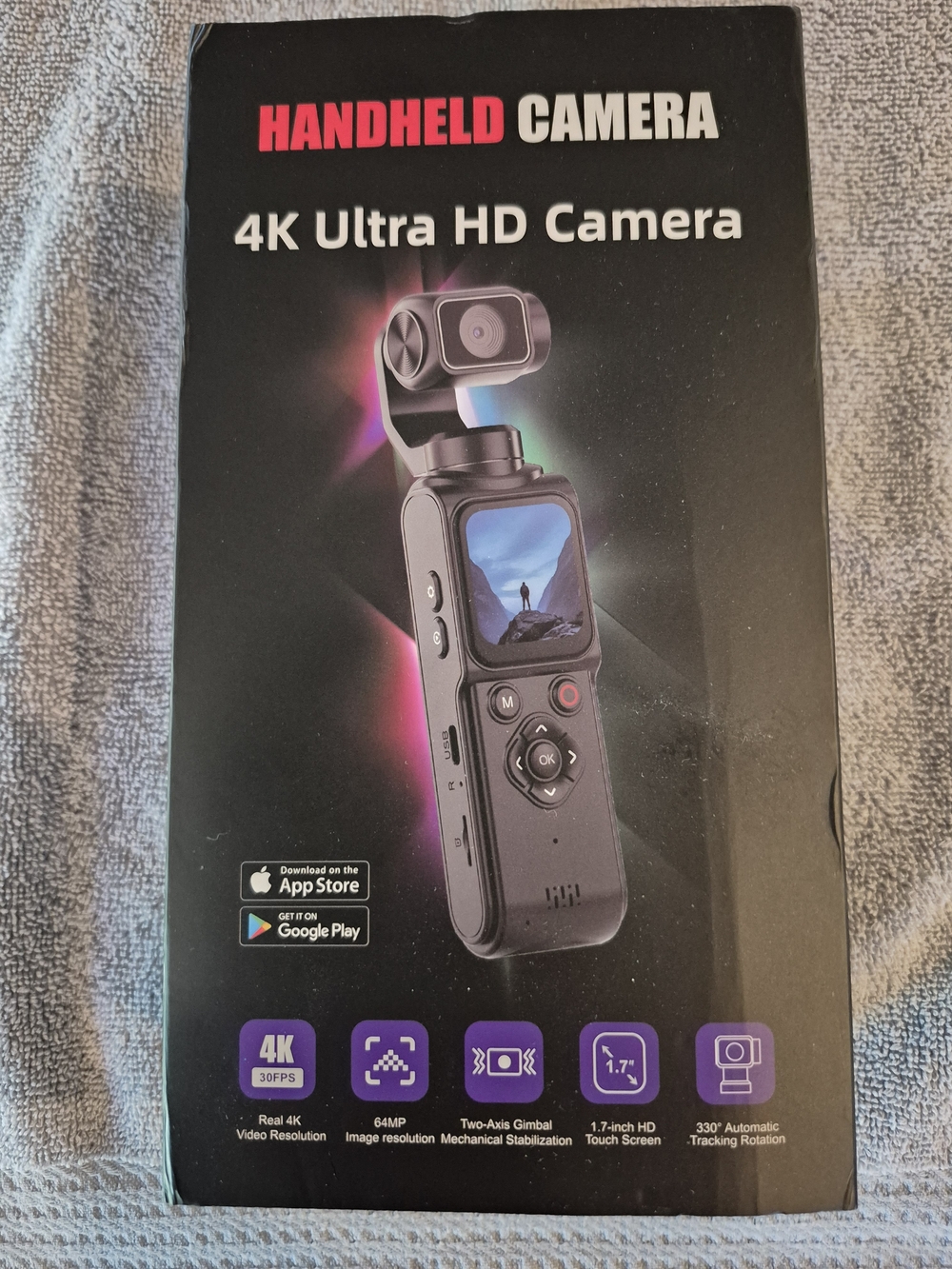 Handheld 4K Ultra HD Black Video Camera with Two-Axis Gimbal.